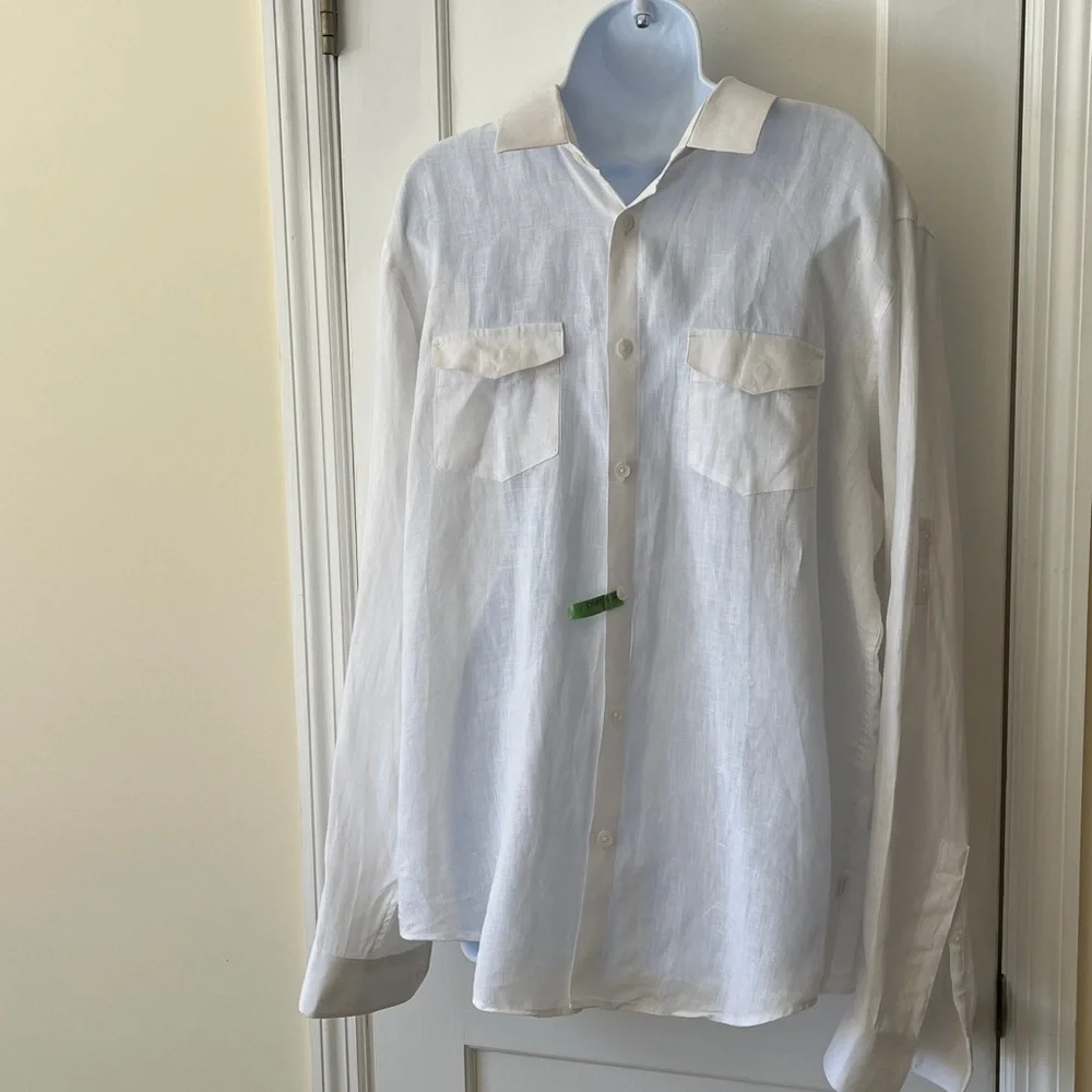 Calvin Klein Linen Shirt‎ Men’s Large White Roll Tab Sleeves Resort Quiet Luxury